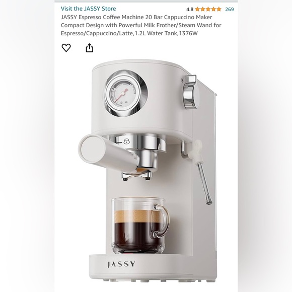 Jassy Kitchen Jassy Espresso Coffee Machine 2 Bar Cappuccino Maker